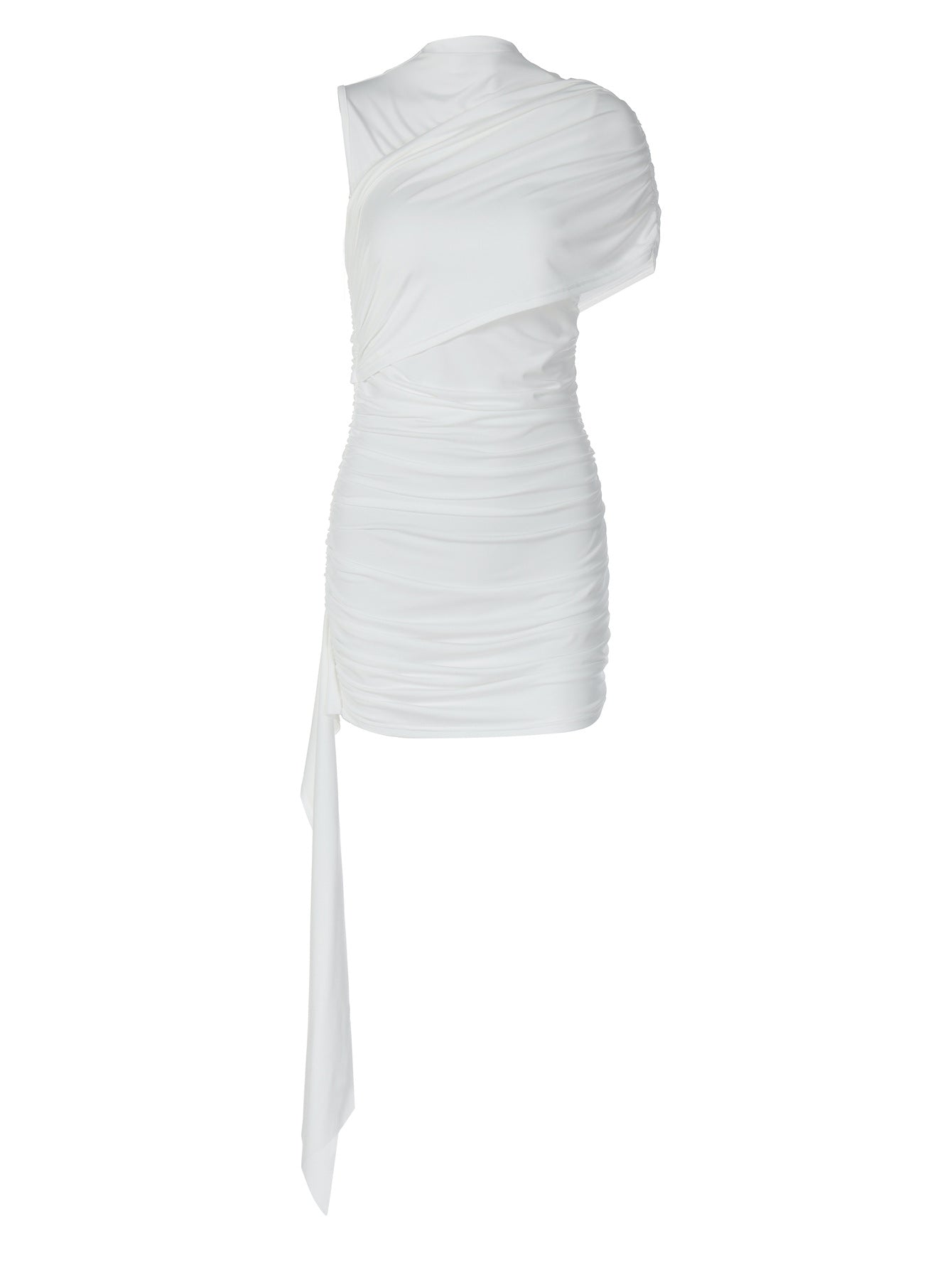Vestido feminino europeu e americano transfronteiriço da Amazon, de cor sólida pure, gola diagonal alta, mangas plissadas, fita patchwork