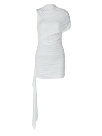 Vestido feminino europeu e americano transfronteiriço da Amazon, de cor sólida pure, gola diagonal alta, mangas plissadas, fita patchwork
