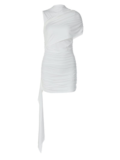 Vestido feminino europeu e americano transfronteiriço da Amazon, de cor sólida pure, gola diagonal alta, mangas plissadas, fita patchwork