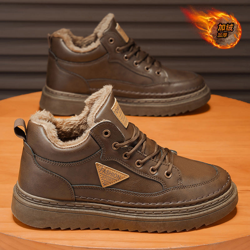 Sapatos masculinos forrados a fleece, ténis altos de outono/inverno 2025, pele de homem quente, sapatos de algodão espesso, botas Martin de cano baixo