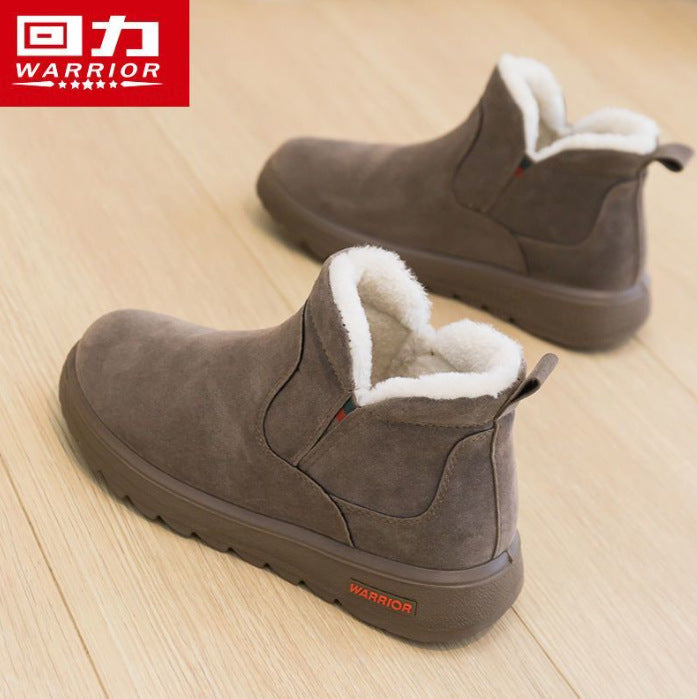 Botas de neve quentes forradas a lã guerreira, sapatos de algodão de inverno simples e de sola espessa, elegantes e versáteis para viagens ao ar livre