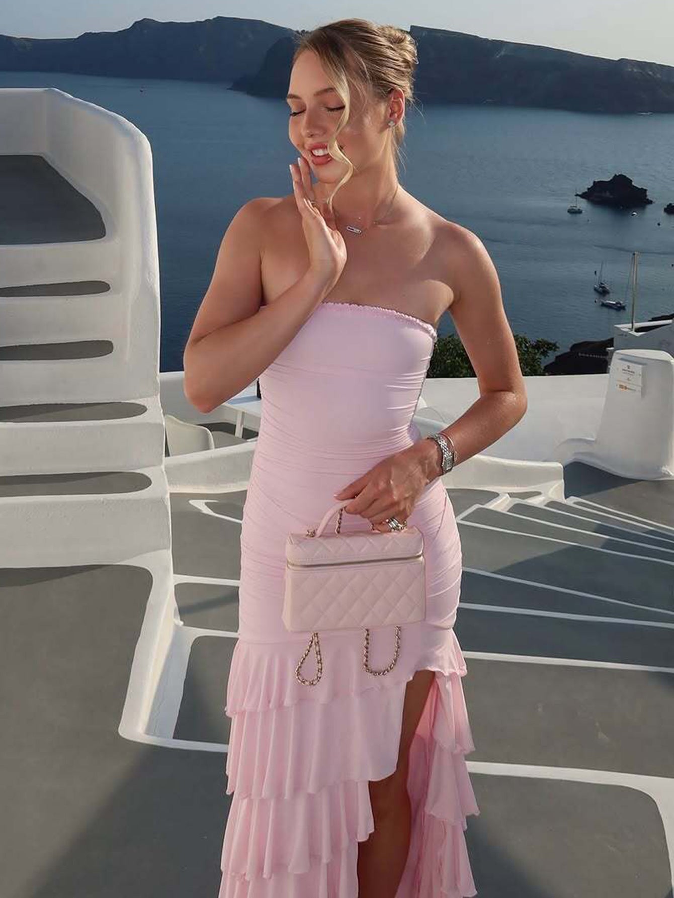 Vestido de bolo em camadas da moda bestseller transfronteiriço da Amazon, elegante vestido elegante, sem alças e fendas compridas, que aperta a cintura
