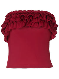 Moda INS europeia e americana, nova e sexy, slim fit e estilo picante, top de alças lisas com folhos e ombros descobertos para mulheres