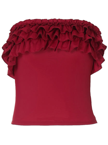 Moda INS europeia e americana, nova e sexy, slim fit e estilo picante, top de alças lisas com folhos e ombros descobertos para mulheres