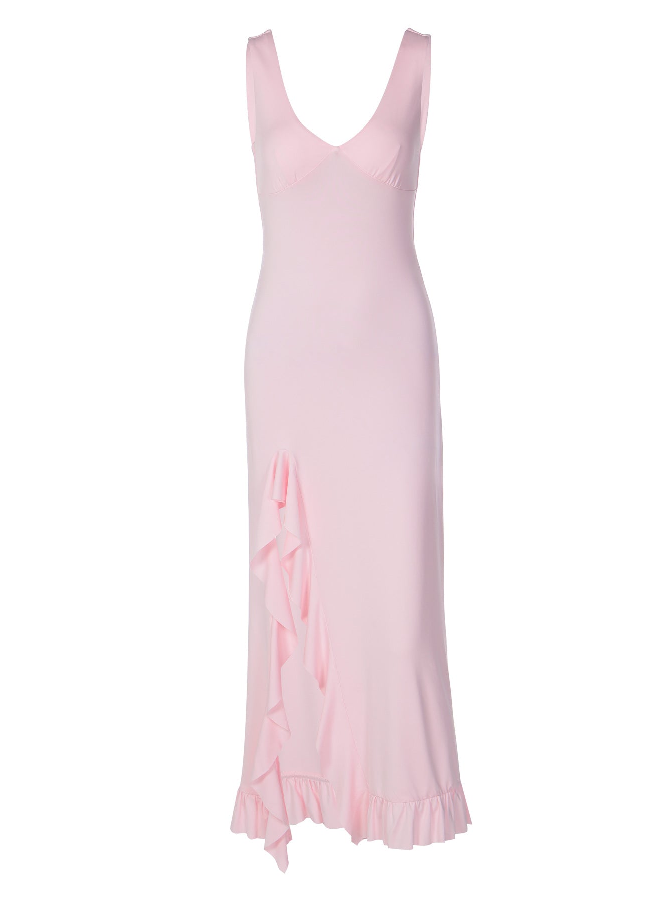 Vestido moderno de verão europeu e americano, vestido feminino de cor sólida em V profundo, ajustado e ajustado à anca, com folhos e fendas sexy