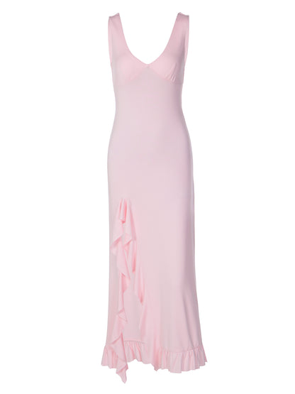 Vestido moderno de verão europeu e americano, vestido feminino de cor sólida em V profundo, ajustado e ajustado à anca, com folhos e fendas sexy