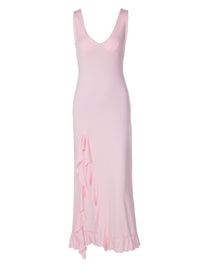Vestido moderno de verão europeu e americano, vestido feminino de cor sólida em V profundo, ajustado e ajustado à anca, com folhos e fendas sexy