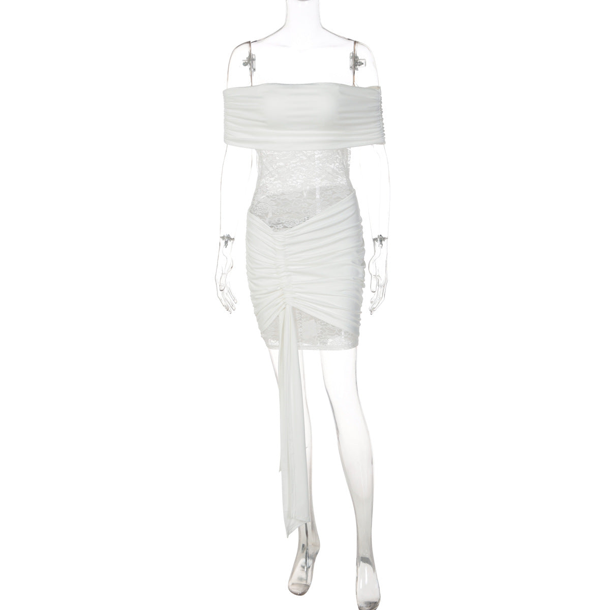 Vestido de renda bestseller europeu e americano, patchwork sexy sem alças com ombros descobertos, saia curta transparente com alças justas para mulheres