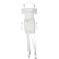 Vestido de renda bestseller europeu e americano, patchwork sexy sem alças com ombros descobertos, saia curta transparente com alças justas para mulheres