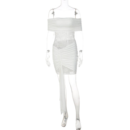 Vestido de renda bestseller europeu e americano, patchwork sexy sem alças com ombros descobertos, saia curta transparente com alças justas para mulheres