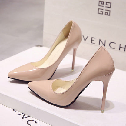 Saltos altos altos European Station Nude Stilet, sapatilhas de trabalho pretas com bico pontiagudo, sapatos plus size azuis em verniz feminino, sapatos vermelhos de casamento