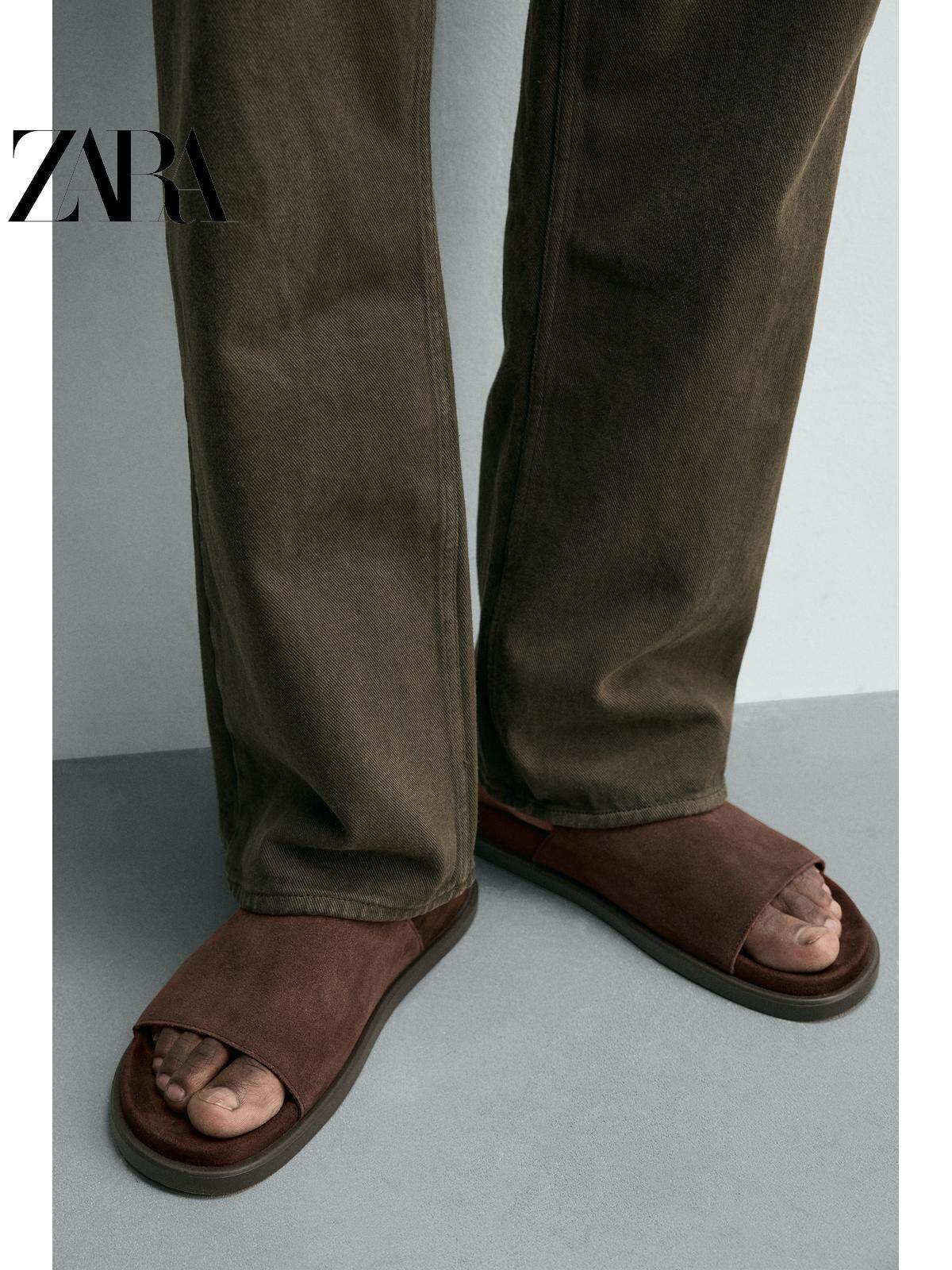 Sandálias rasteiras masculinas ZARA Primavera/Verão 2026 com detalhes em camurça (código: 2709720 701)
