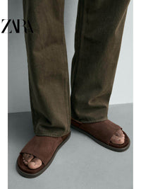 Sandálias rasteiras masculinas ZARA Primavera/Verão 2026 com detalhes em camurça (código: 2709720 701)