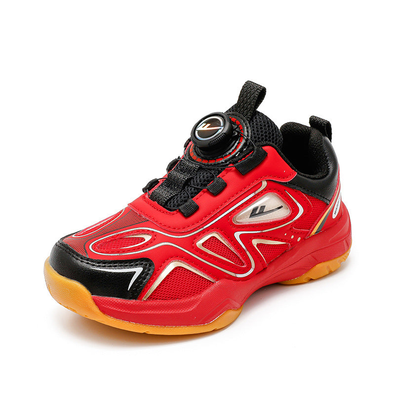 Sapatos vermelhos de rapazes com botões, sapatos de badminton em pele com rede fixe, sapatos infantis Warrior novos de outono, sapatos desportivos de interior