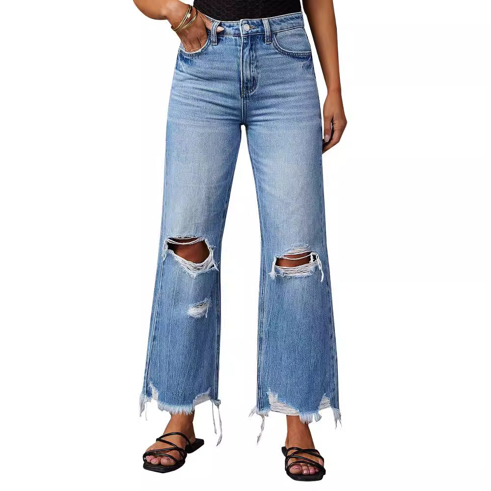 2025 Novas calças de perna larga transfronteiriças, jeans de cintura alta rasgados em tie-dye lavados com borlas, calças compridas casuais de perna direita para mulheres