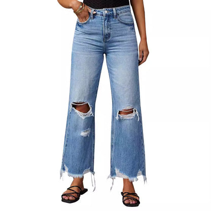 2025 Novas calças de perna larga transfronteiriças, jeans de cintura alta rasgados em tie-dye lavados com borlas, calças compridas casuais de perna direita para mulheres