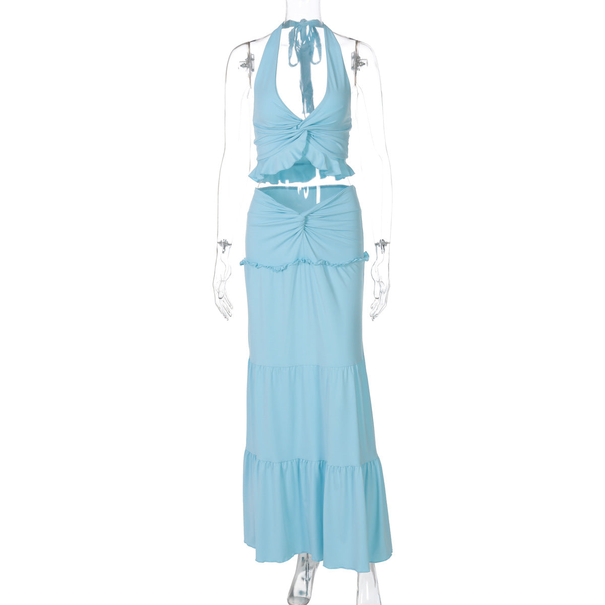 Moda feminina europeia e americana, novo conjunto sexy de vestidos longos com decote em V com borda com folhos e alças longas torcidas para mulheres