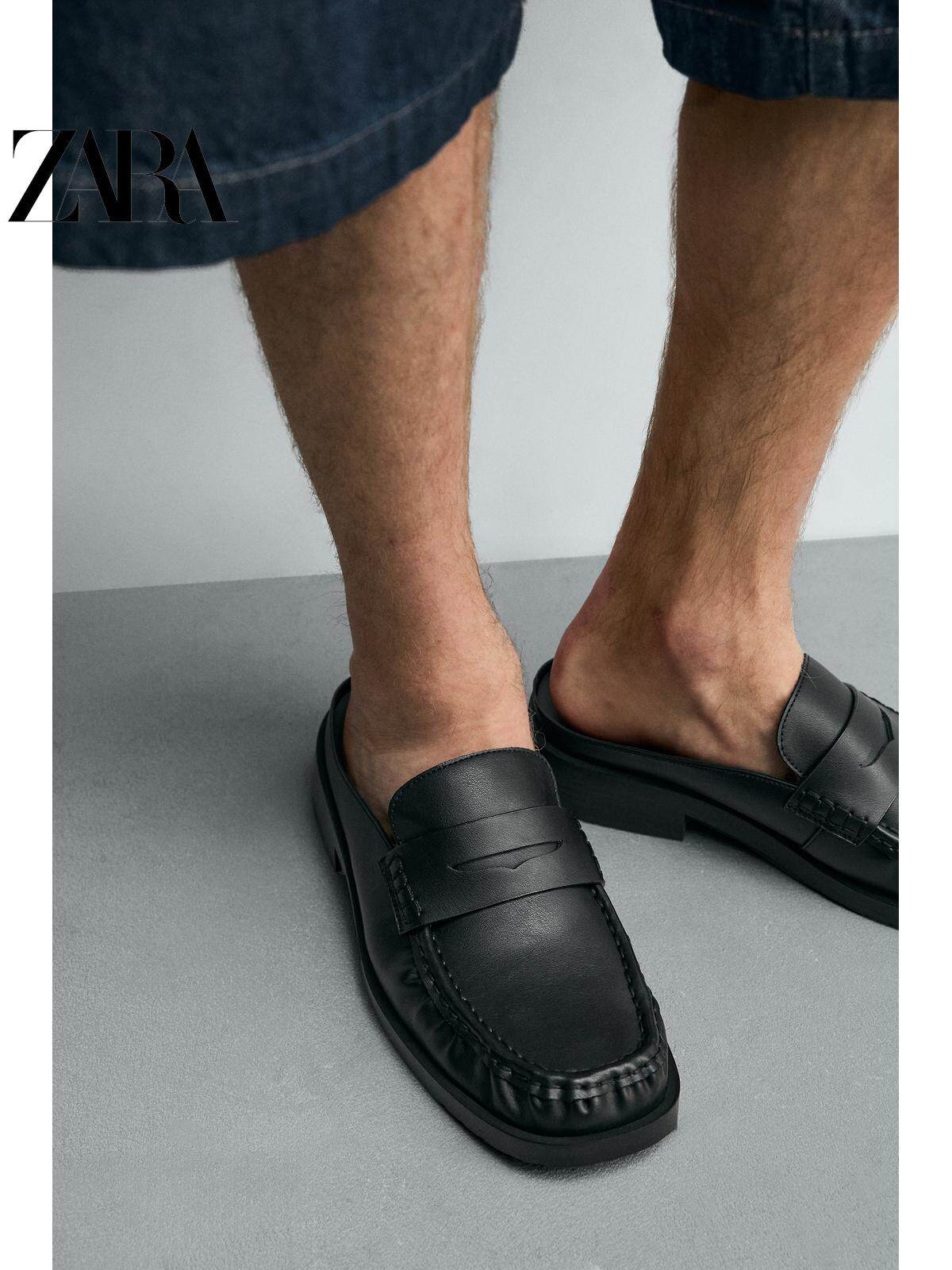ZARA 2026 Primavera/Verão Novos Sapatos Masculinos Mocassins Pretos Simples de Bico Quadrado e Calcanhar Aberto 2619720 800