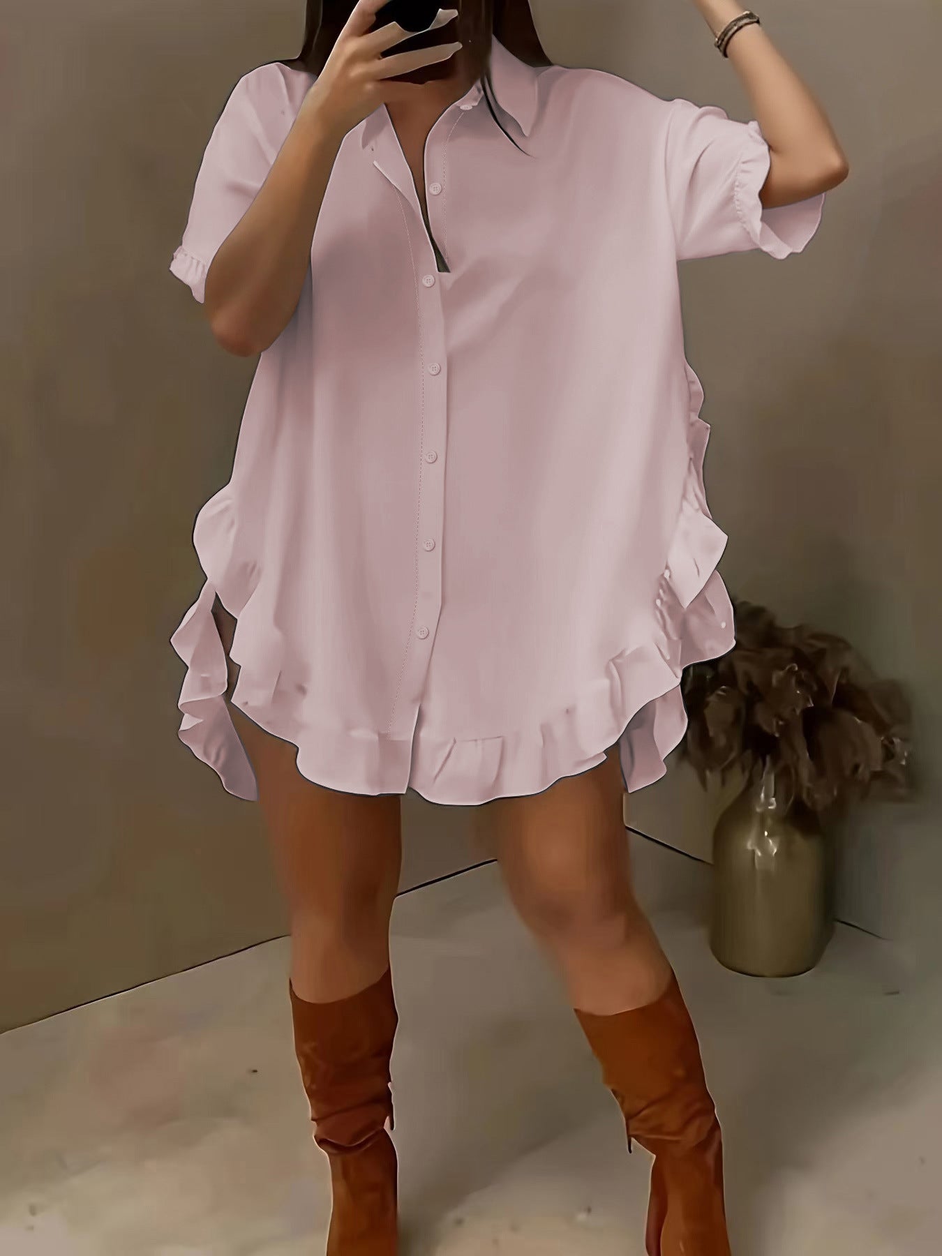 Roupa feminina O-size de manga curta para comércio estrangeiro transfronteiriço, folhos plissados soltos de cor sólida, camisa de bainha larga, camisa casual