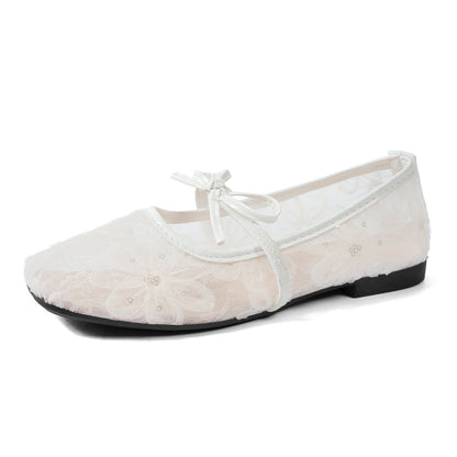 Novos sapatos transfronteiriços europeus e americanos de malha de verão respiráveis, sapatos femininos franceses de biqueira redonda rasos e de tira simples