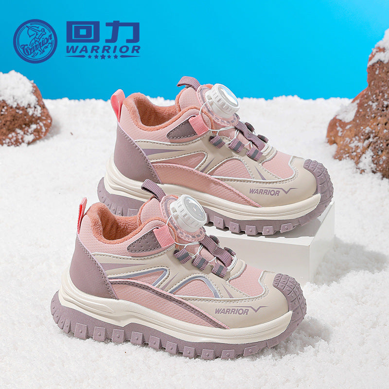 Ténis desportivos de criança com topo de pele Warrior Knob, sapatos de algodão quentes forrados a polar com blocos de cor e molés, fáceis de calçar e tirar, sapatos de inverno
