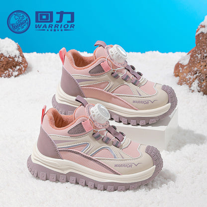Ténis desportivos de criança com topo de pele Warrior Knob, sapatos de algodão quentes forrados a polar com blocos de cor e molés, fáceis de calçar e tirar, sapatos de inverno