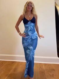 Vestido feminino feminino estampado, sexy, com decote em V, com decote em V, e bestseller na moda europeia e americana, com decote em V, longo, slim slip