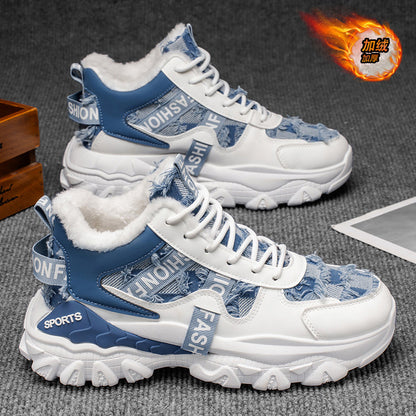 Sapatos masculinos de exterior para o exterior de inverno forrados a lã de algodão espesso, sapatos desportivos de sola grossa e de cano alto, sapatos casuais de pai para jovens para homens e versáteis