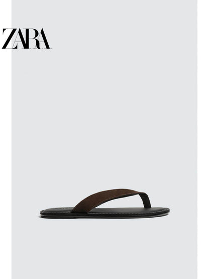 ZARA Coleção Primavera/Verão 2026 - Novos Sapatos Masculinos: Chinelos Rasteiros de Couro com Tiras e Blocos de Cores 2753720 721
