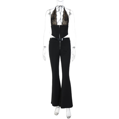 Novo conjunto de rapariga atraente ao estilo europeu e americano da INS, top sexy de renda com fivela no peito, corte justo, versátil de cor sólida estilo longo