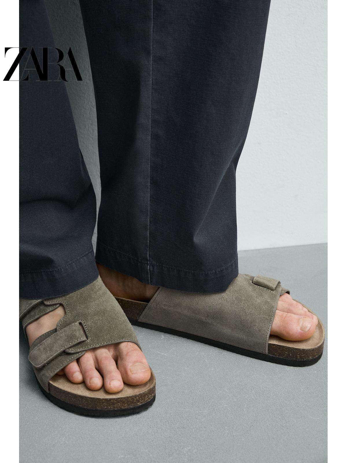 ZARA 2026 Primavera/Verão Novos Sapatos Masculinos Sandálias de Praia de Couro Camurça com Tiras 2721720 500