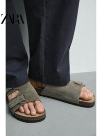 ZARA 2026 Primavera/Verão Novos Sapatos Masculinos Sandálias de Praia de Couro Camurça com Tiras 2721720 500