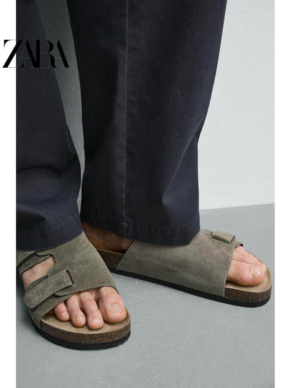 ZARA 2026 Primavera/Verão Novos Sapatos Masculinos Sandálias de Praia de Couro Camurça com Tiras 2721720 500