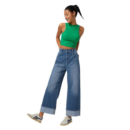 Primavera 2025 Novos Jeans de Cintura Alta Cruzada Europeu e Americano de Perna Direita com Perna Esticada e Bainha Enrolada Calças Casuais de Perna Larga para Mulher