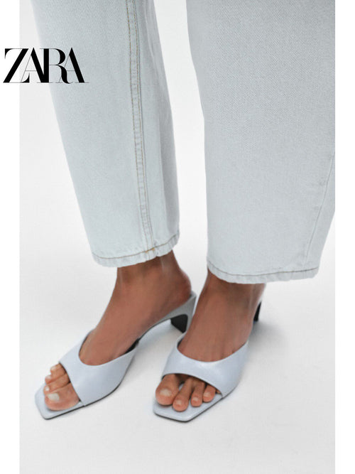 ZARA 2026 Verão Nova Coleção Sapatos Mule Femininos, Sandálias de Salto Alto com Bico Quadrado em Couro, 1301810 044