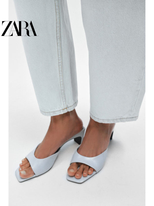 ZARA 2026 Verão Nova Coleção Sapatos Mule Femininos, Sandálias de Salto Alto com Bico Quadrado em Couro, 1301810 044