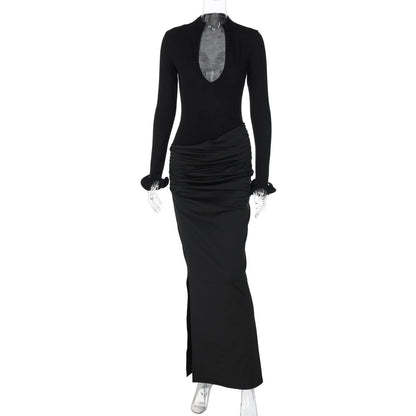 Vestido feminino novo, de manga longa, cor sólida, elegante e elegante e pregueado na moda feminino transfronteiriço e transfronteiriço