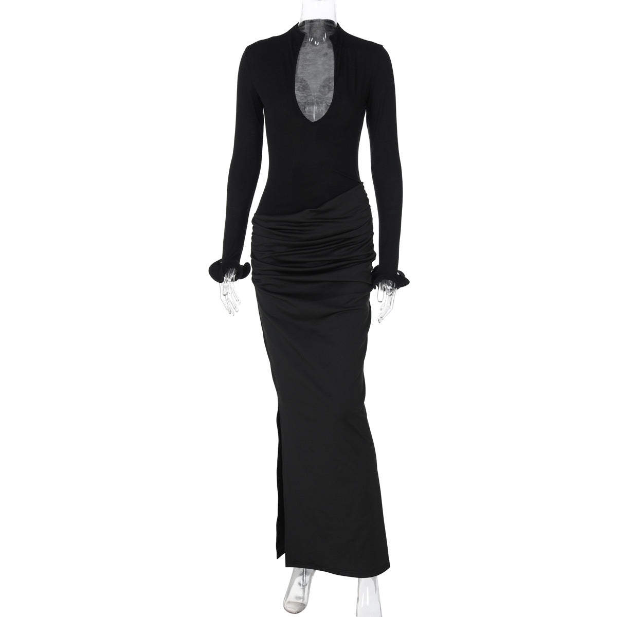 Vestido feminino novo, de manga longa, cor sólida, elegante e elegante e pregueado na moda feminino transfronteiriço e transfronteiriço