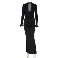 Vestido feminino novo, de manga longa, cor sólida, elegante e elegante e pregueado na moda feminino transfronteiriço e transfronteiriço