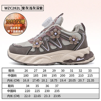 Ténis desportivos infantis com botão de bloco de cor Warrior, sapatos quentes de algodão forrados a polar de inverno, sapatos de viagem para exterior