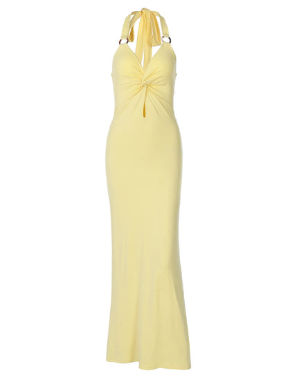Verão 2026 Novo Vestido Feminino Sexy Torcido, Oco, Slim Fit, Patchwork em Ferro com Anel Longo de Gola Alta para Mulheres