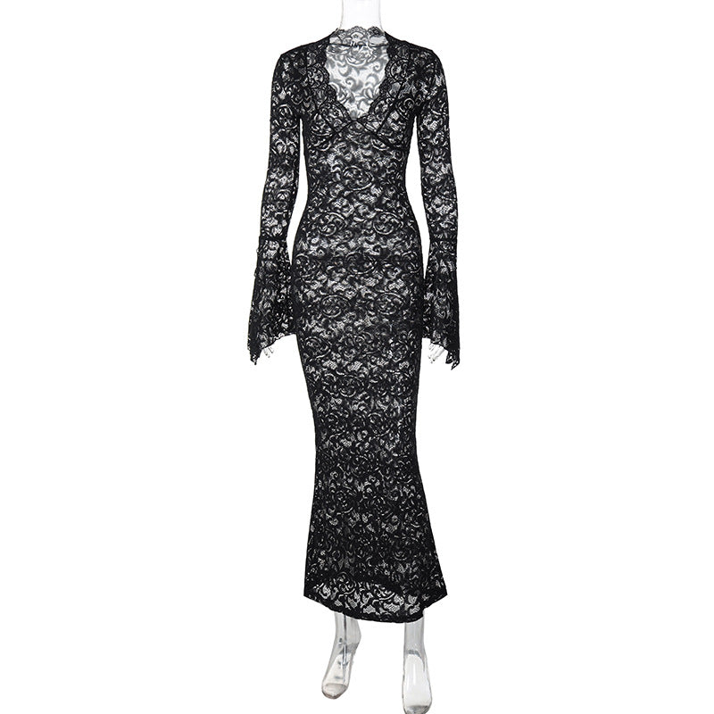 Amazon venda quente novo sexy profundo V renda padrão see-through slim manga longa estilo rua maxi vestido mulheres