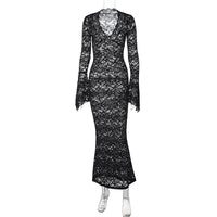 Amazon venda quente novo sexy profundo V renda padrão see-through slim manga longa estilo rua maxi vestido mulheres