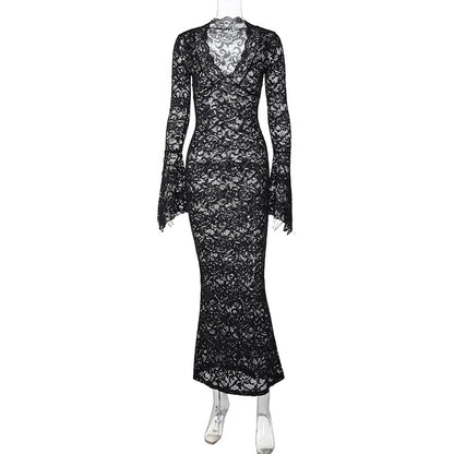 Amazon venda quente novo sexy profundo V renda padrão see-through slim manga longa estilo rua maxi vestido mulheres