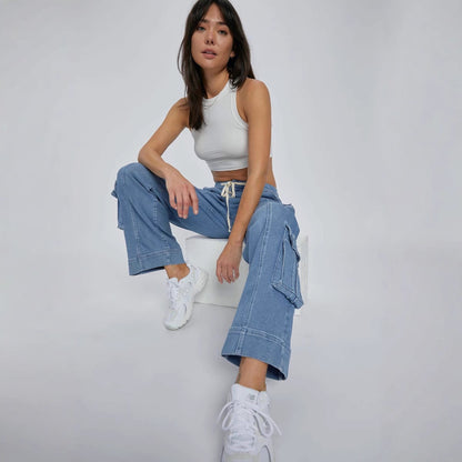 Amazon Independent Site 2025 Primavera Novas Calças de Trabalho Lavadas de Rua Jeans de Mulher com Múltiplos Bolsos de Perna Larga com Atacadores