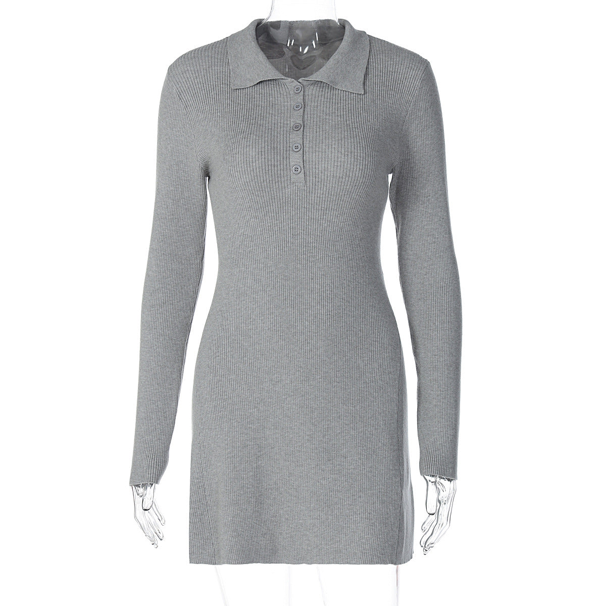Vestido casual de lã em estilo urbano europeu e americano, nova moda POLO com decote de manga comprida fina, cor sólida, justo às ancas, casual de lã para mulheres