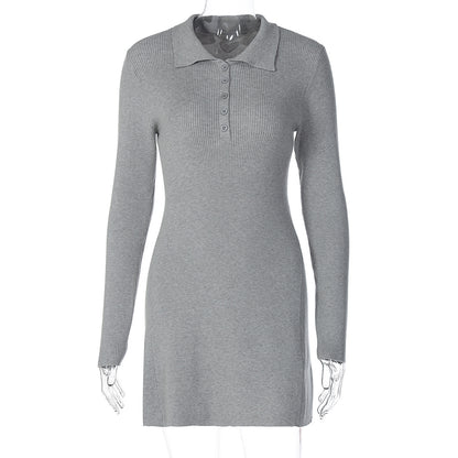 Vestido casual de lã em estilo urbano europeu e americano, nova moda POLO com decote de manga comprida fina, cor sólida, justo às ancas, casual de lã para mulheres