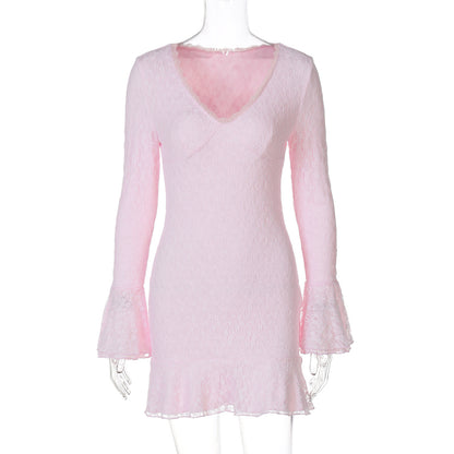 Vestido atravessado europeu e americano, sexy de remendas em V de renda, pétalas, manga longa, manga longa e estreito, vestido lápis curto e de manga longa da Amazon