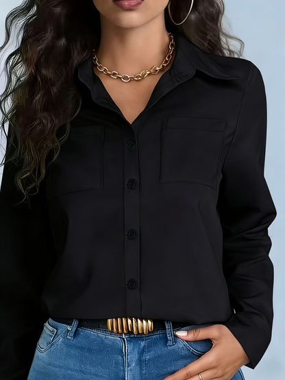 Camisa feminina elegante, europeia e americana, de quatro estações, bolso transfronteiriço e manga comprida, solta e lapela