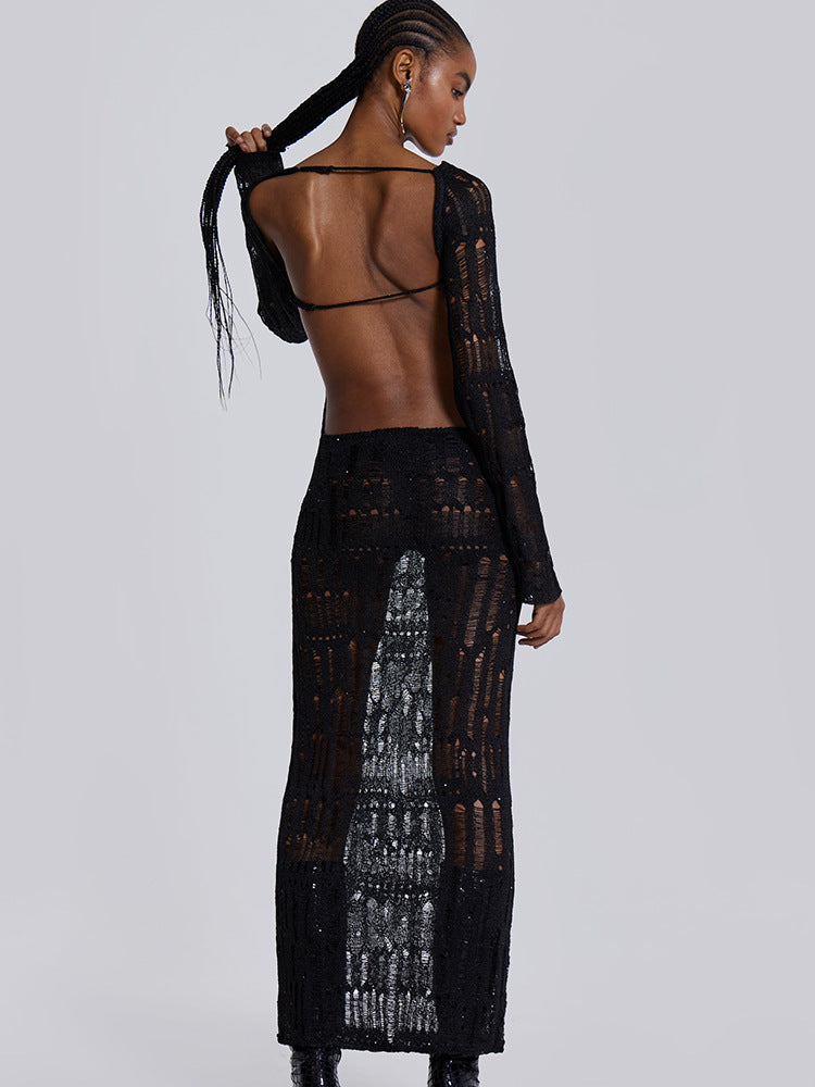 Vestido de verão mais vendido na Europa e nos EUA, novo, sexy, sem costas, oco, transparente, manga comprida, slim-fit, elegante e comprido de lã para mulheres